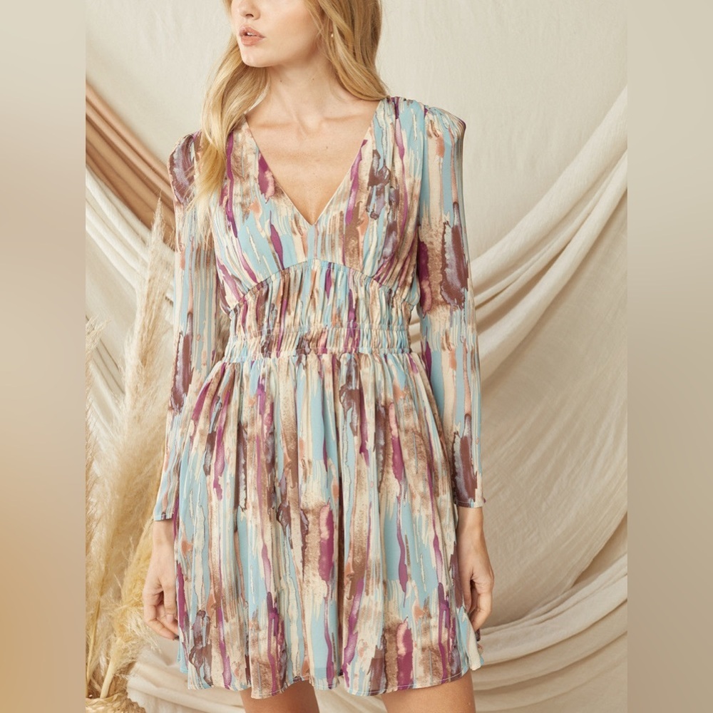 Entro Belinda Ruched Waist Abstract Print‎ Mini Dress Coastal Cowgirl Beachy Med